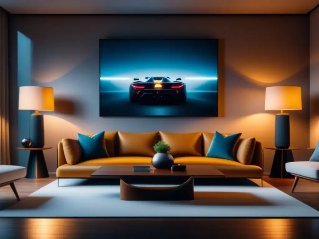 Salón moderno iluminado con arte: ambiente acogedor en 8k Iluminación de acento en casa: Sala moderna con arte destacado y ambiente acogedor
