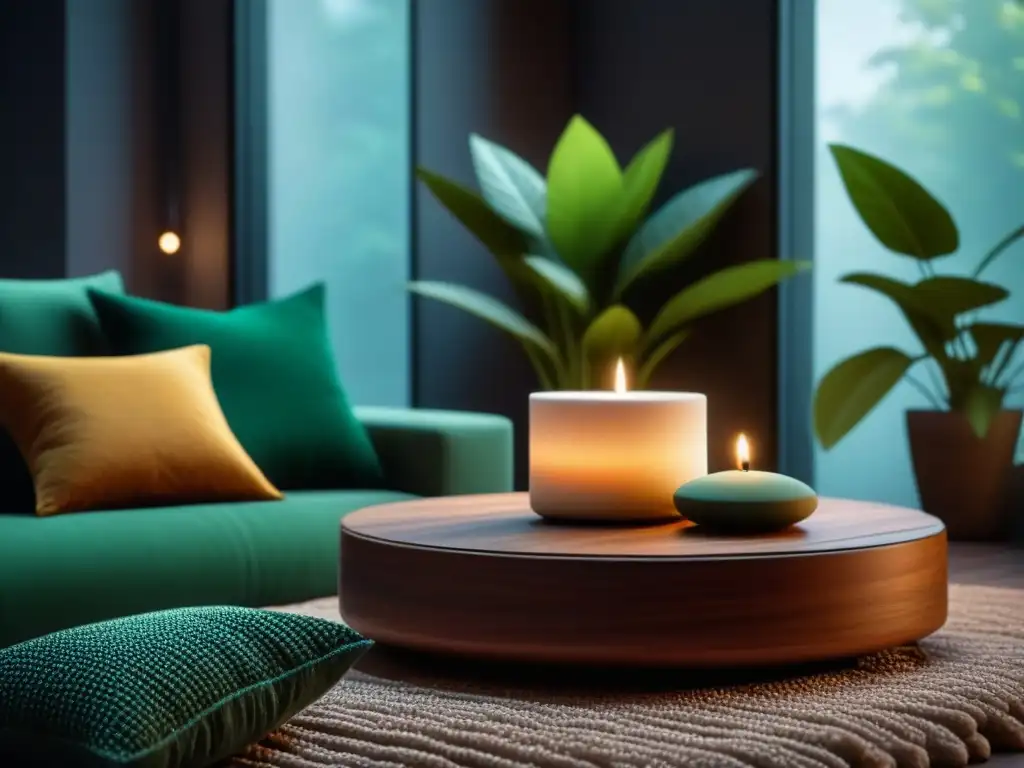 Rincón de meditación sereno y acogedor con velas y plantas Un rincón de meditación acogedor con almohadones en tonos terrosos, vela y planta