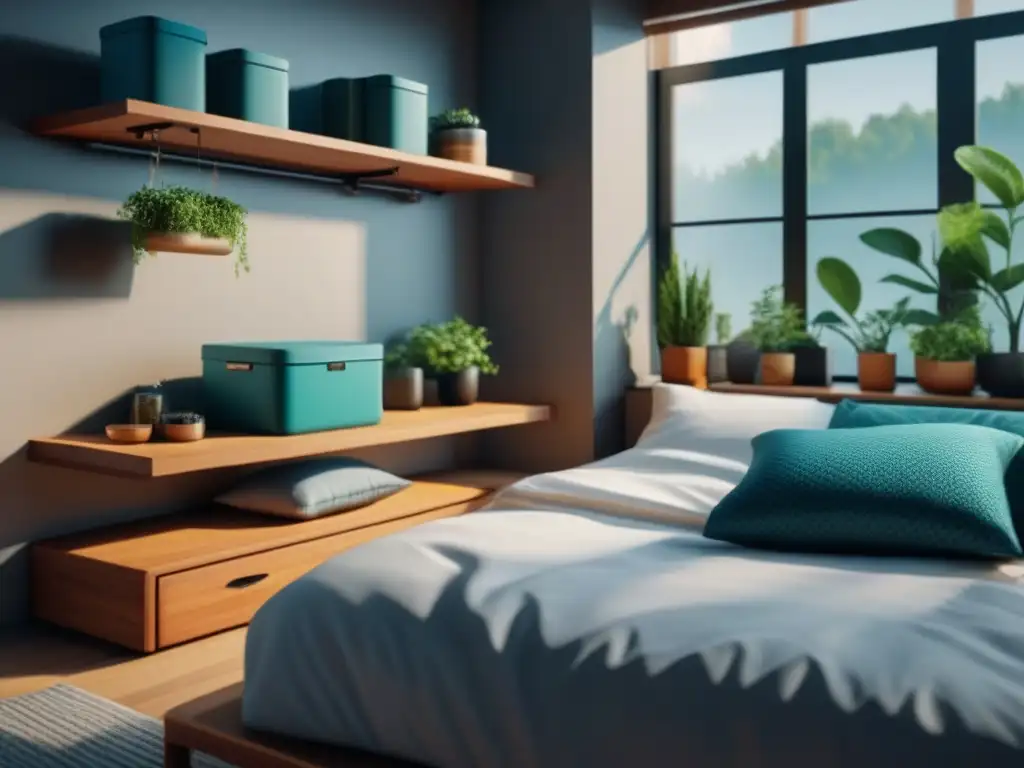 Estudio pequeño con soluciones de almacenamiento inteligentes para maximizar el espacio Un acogedor apartamento estudio con soluciones de almacenaje inteligentes y espacios bien organizados, creando una atmósfera luminosa y aireada