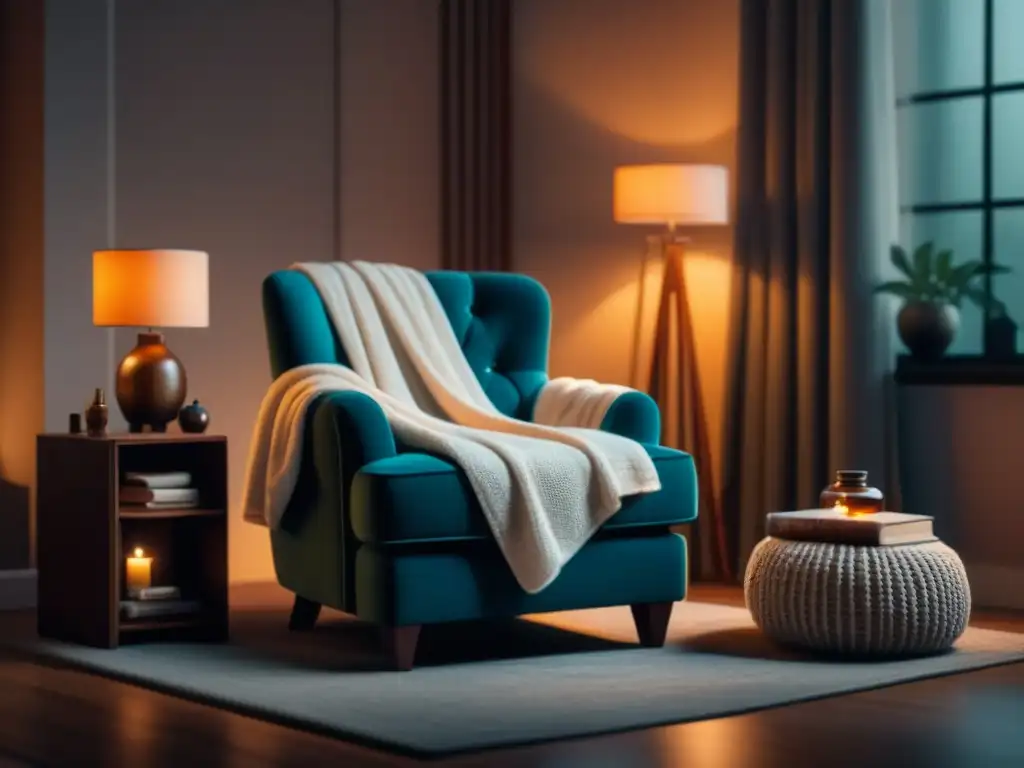 Rincón acogedor para relajarse con libros de mindfulness Rincón acogedor en casa para relajación progresiva con equipo especializado