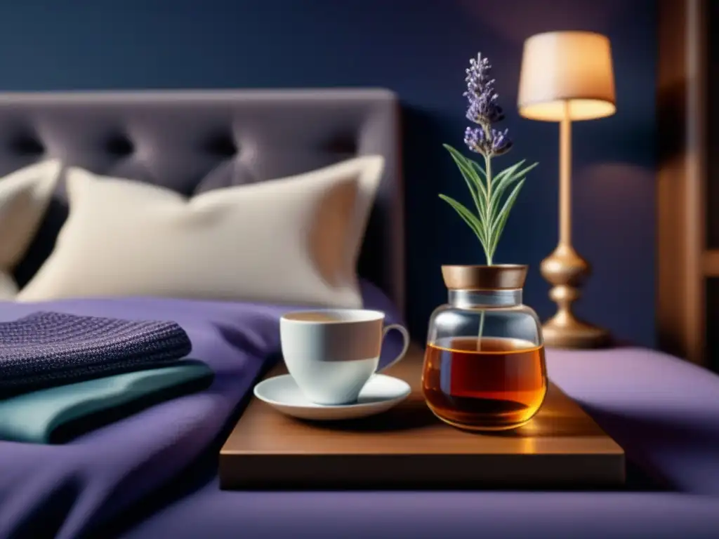 Rincón de descanso: dormitorio acogedor con té relajante y lavanda Acogedor dormitorio con té de hierbas, libro sobre sueño y lavanda