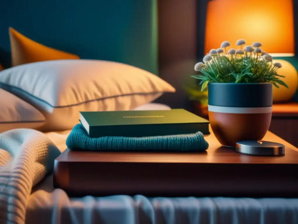 Acogedora habitación minimalista de noche con té de manzanilla Acogedor dormitorio minimalista de noche con detalles y luz cálida, ideal para comidas para dormir mejor en casa