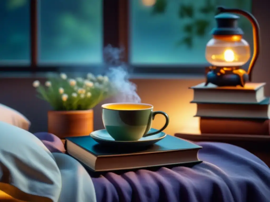 Escena relajante de dormitorio con té de manzanilla y libros Acogedor dormitorio con iluminación suave, cama mullida, té de manzanilla, libros y lavanda