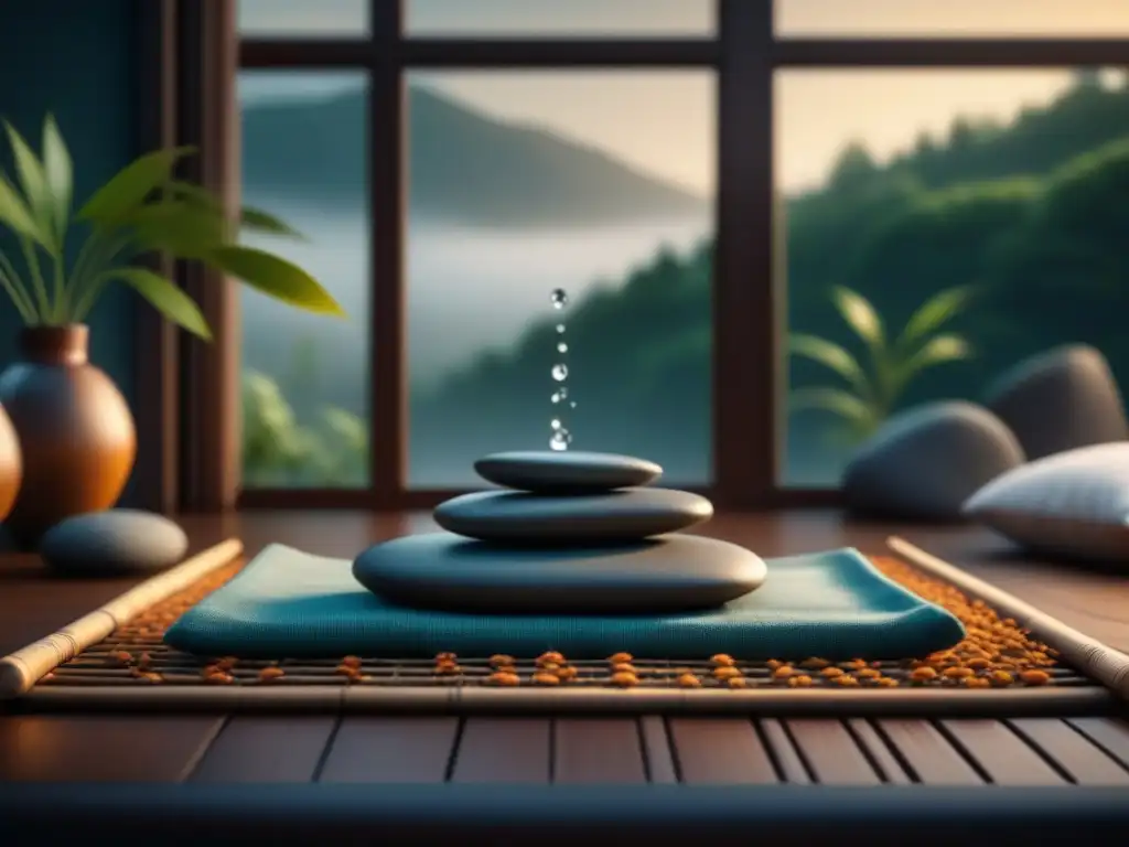 Espacio de meditación zen en casa: jardín, agua y serenidad Acogedor espacio de meditación en casa con jardín Zen y fuente de agua