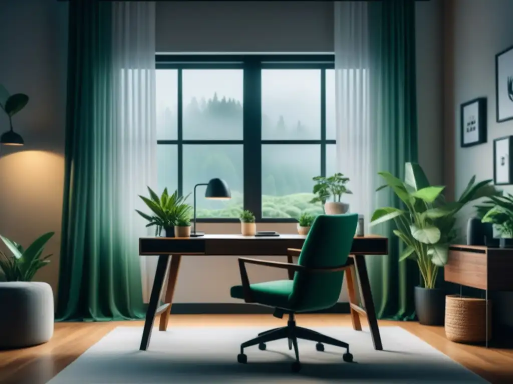 Oficina en casa serena: equilibrio y productividad Acogedor espacio de oficina en casa con plantas verdes, iluminación natural y muebles minimalistas