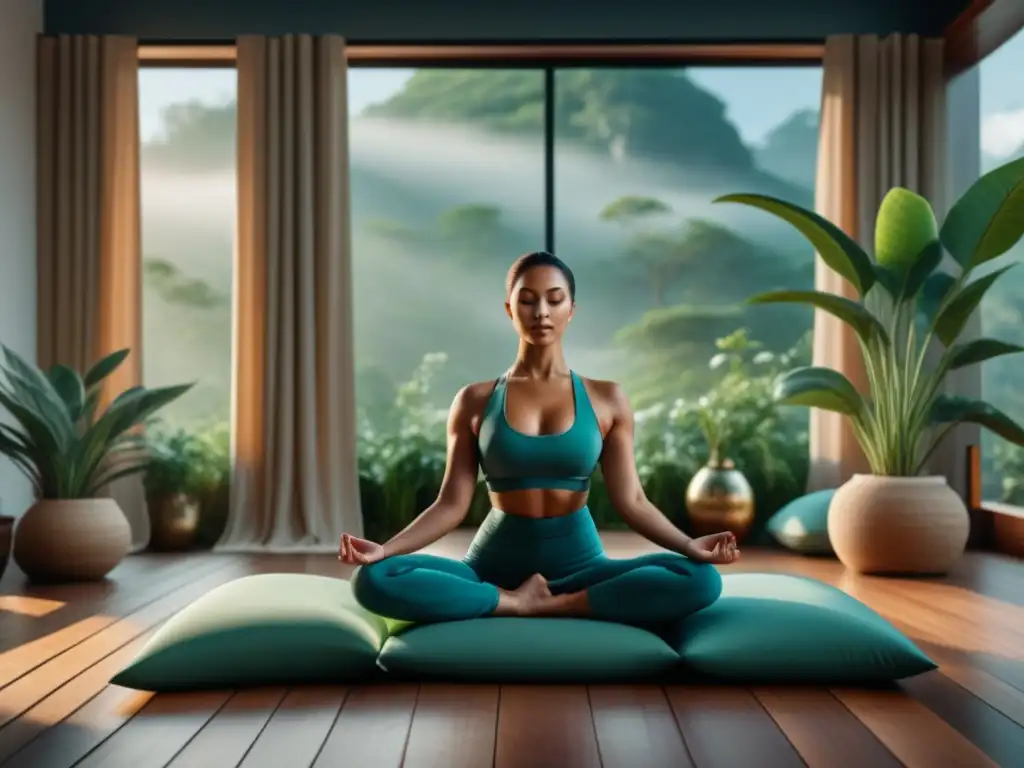 Estudio de yoga minimalista: serenidad y lujo en 8k Un acogedor estudio de yoga con kits de meditación y yoga en tonos terrosos y plantas verdes