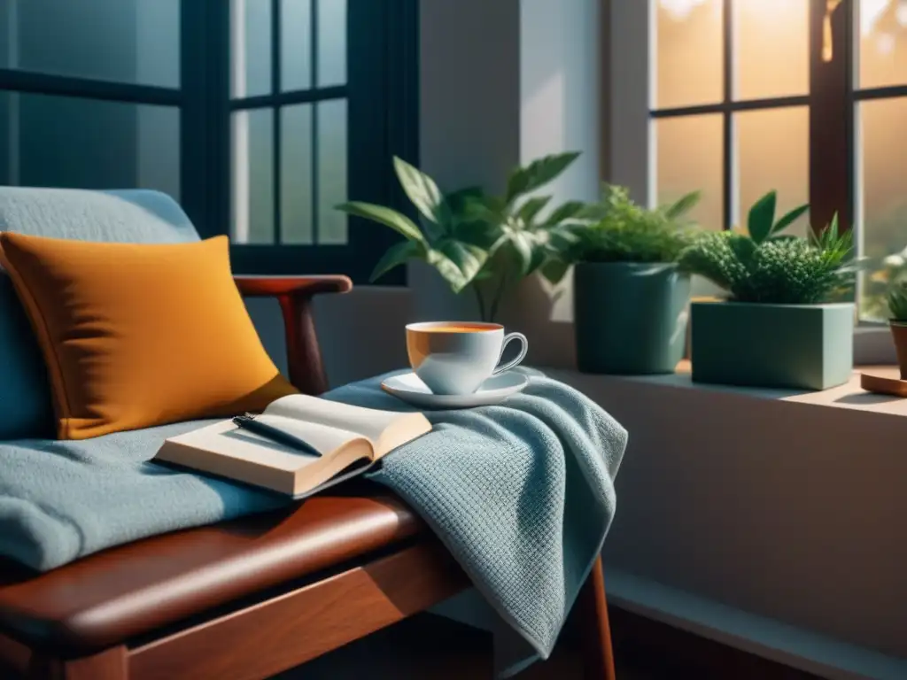 Rincón acogedor: tranquilidad y calidez en casa Rincón acogedor para practicar gratitud diaria en casa con luz natural, silla cómoda, mesa de madera, taza de té, diario y planta