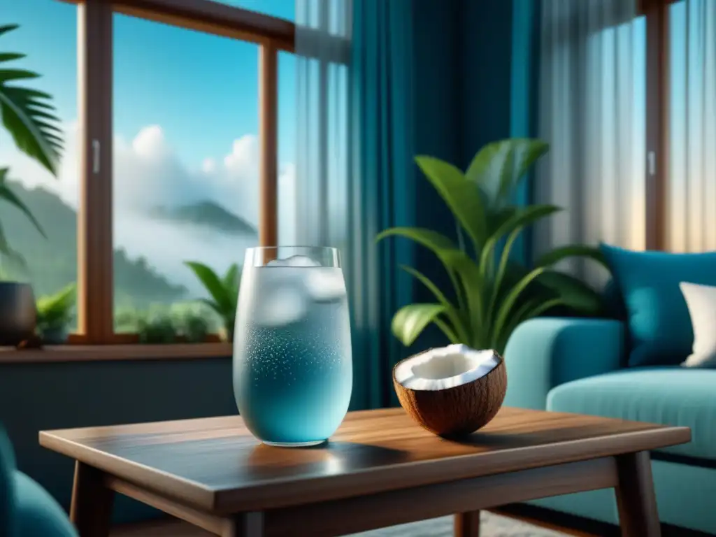 Relajación en casa: disfruta de un refrescante coco Acogedor hogar con agua de coco, ideal para relajación y disfrute de beneficios en casa