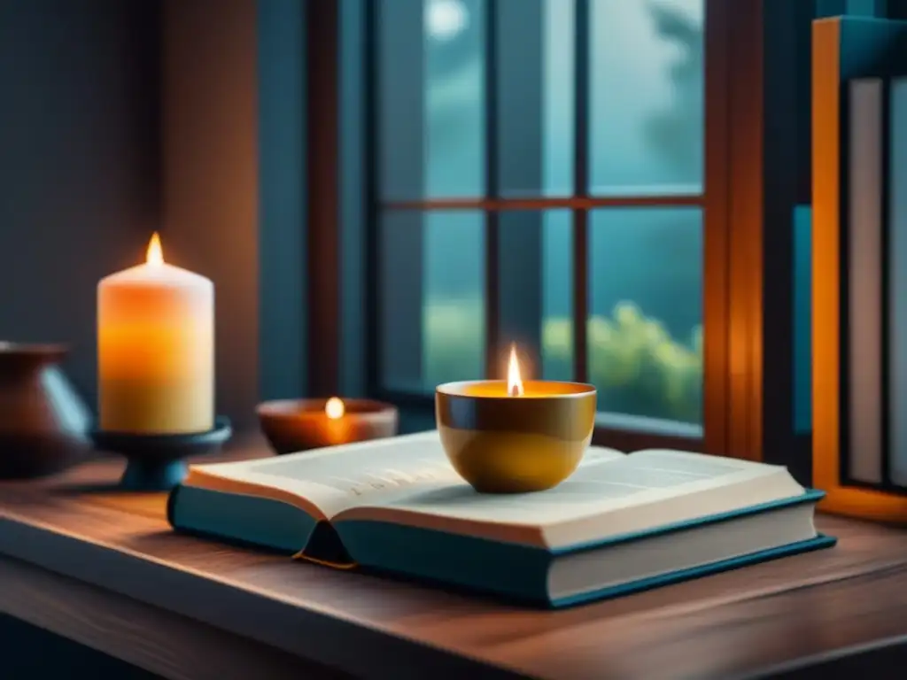 Acogedor rincón de lectura con té caliente y vela Acogedor hogar con taza de té, libros y vela, iluminado por luz natural