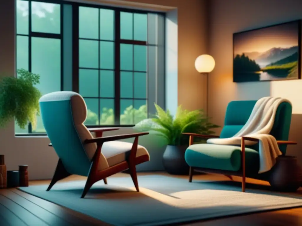 Salón minimalista sereno: relax con té y libros Un acogedor rincón de lectura con té caliente y libros, iluminado por la luz natural