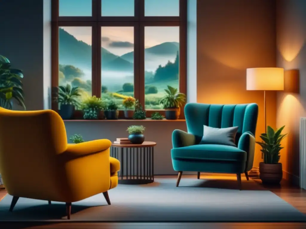 Acogedor salón minimalista con vistas al jardín Un acogedor rincón de lectura en casa, junto a la ventana con vista al jardín