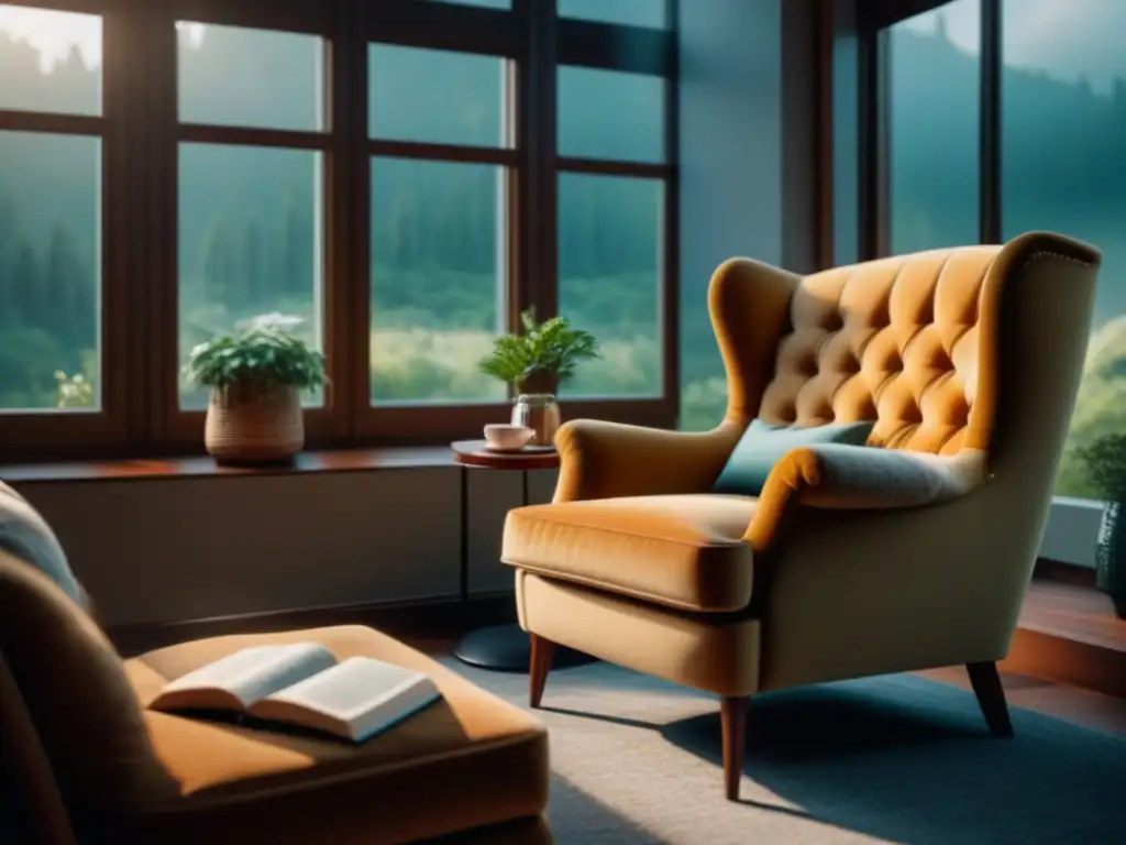 Un acogedor rincón de lectura iluminado por luz natural en un salón tranquilo y elegante