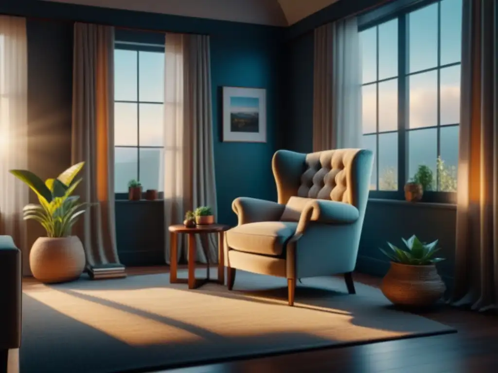 Salón minimalista iluminado por luz natural Acogedor rincón de lectura con iluminación natural en el hogar: sillón, libros y planta en sala minimalista