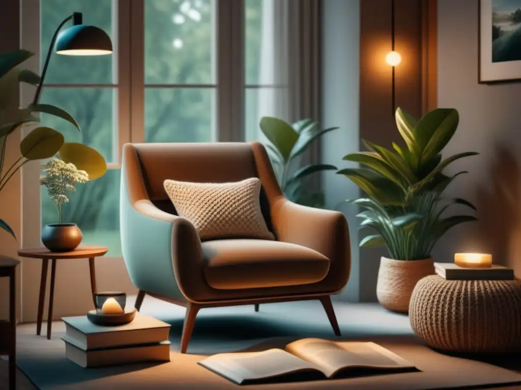 Rincón de lectura acogedor en 8K: moderno y tranquilo Un acogedor rincón de lectura relax con una butaca moderna, manta suave, libros, lámpara cálida y vista a un jardín sereno