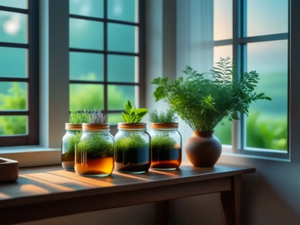 Rincón de hierbas secas para practicar medicina natural Rincón acogedor con plantas curativas en casa: Fitoterapia en casa con hierbas secas en tarros de cristal