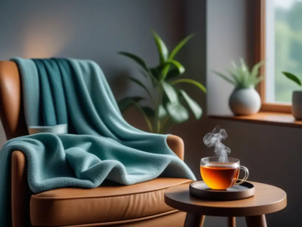 Rincón de relajación con técnicas de relajación progresiva Rincón acogedor para relajación progresiva en casa con sillón, manta, libros de mindfulness y difusor de aceites esenciales