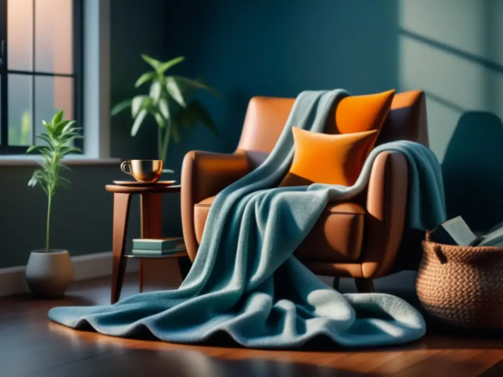 Rincón acogedor para relajarse: sillón, libros y té Rincón acogedor en sala moderna para descanso en casa estrategias con sillón, manta, té, libros y planta