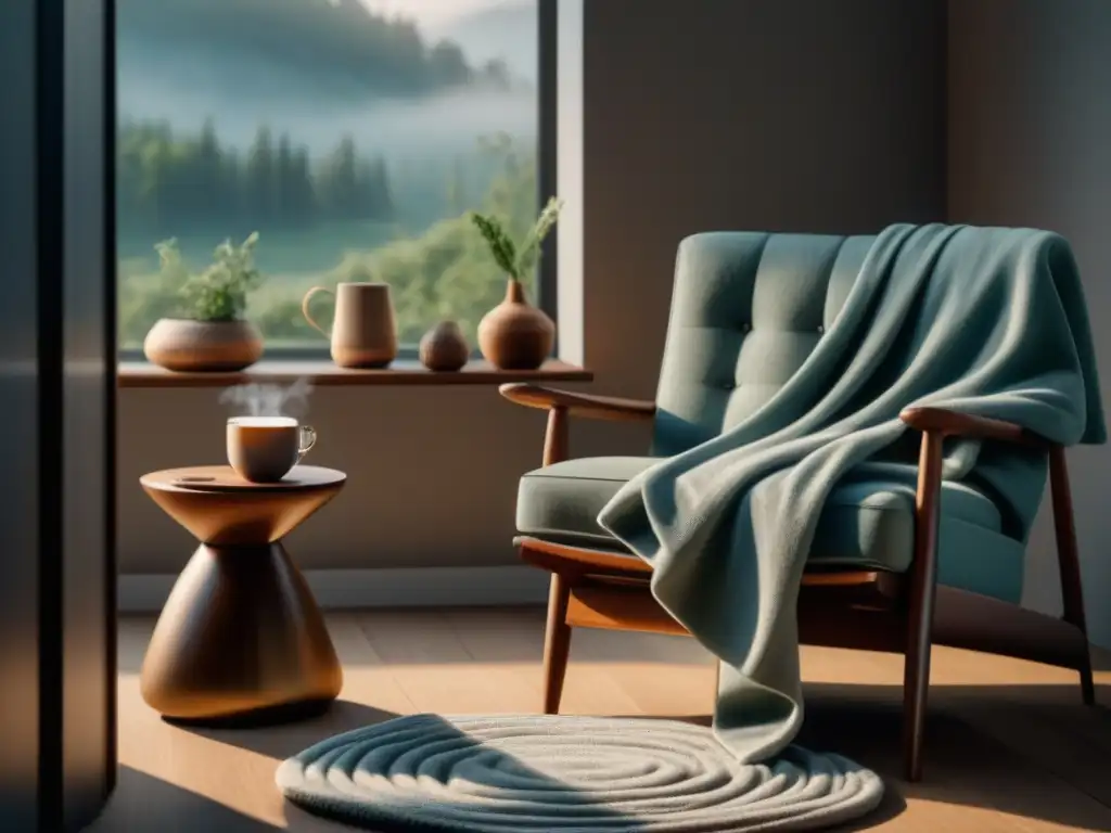 Rincón acogedor: sillón, manta y libros en sala moderna Rincón acogedor en sala moderna con silla oversized, manta suave, taza de té y libros