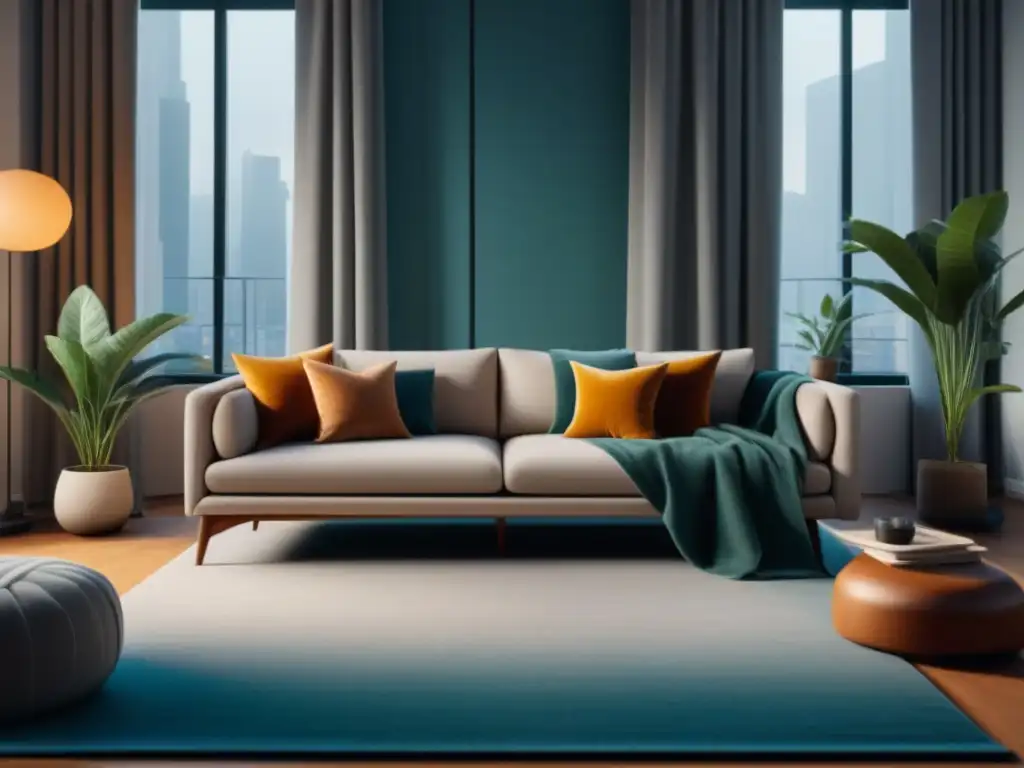 Salón acogedor en tonos cálidos: oasis de tranquilidad en la ciudad Un acogedor salón de apartamento con tonos terrosos, alfombra mullida, planta y manta sobre el sofá