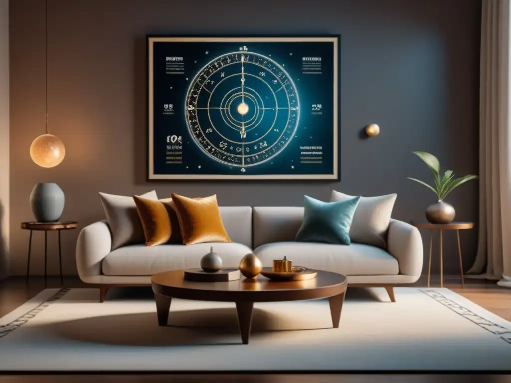 Salón sereno con toques astrológicos modernos Un acogedor salón con diseño moderno y toques astrológicos, ideal para armonizar tu hogar con la astrología en diseño de interiores