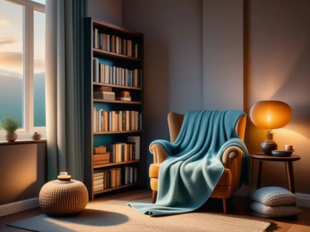 Retiro acogedor: libros, té y calidez Un acogedor salón con iluminación cálida, estantería ordenada y rincón de lectura invita a mantener perspectiva positiva en casa