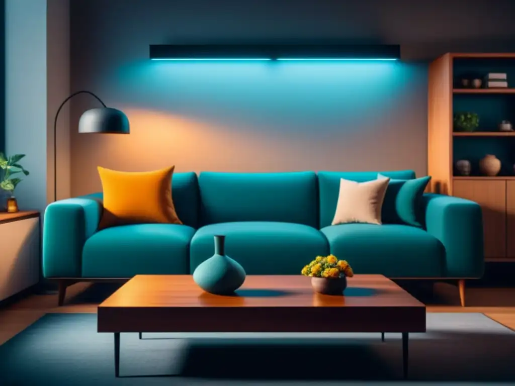 Acogedor salón minimalista con luces inteligentes Un acogedor salón con luces inteligentes reduciendo estrés y ansiedad, iluminando libros y flores en mesa de madera