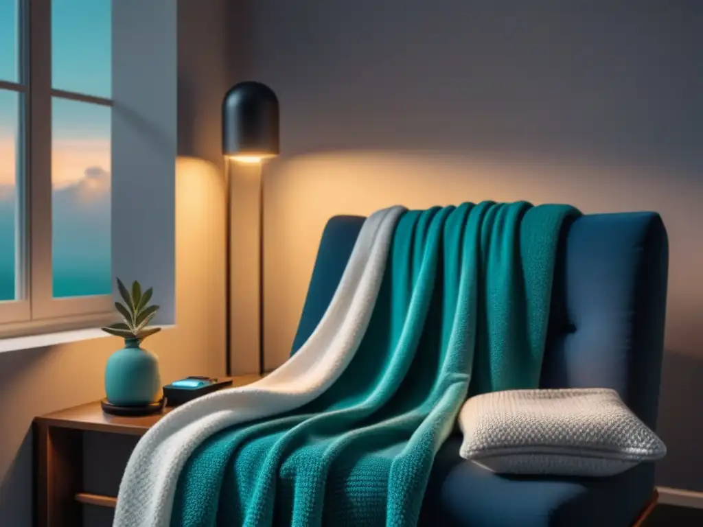 Salón minimalista relajante con luz suave y gadgets de relajación Un acogedor salón minimalista con innovación gadgets relajación hogar y una iluminación ambiental suave