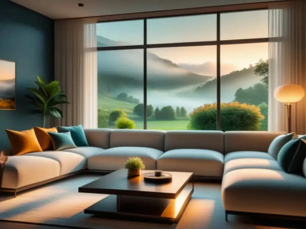 Salón minimalista sereno con cálido sofá y ventana al jardín Acogedor salón minimalista con iluminación suave y cálida, sofá neutro, mesa moderna y ventana con vista al jardín