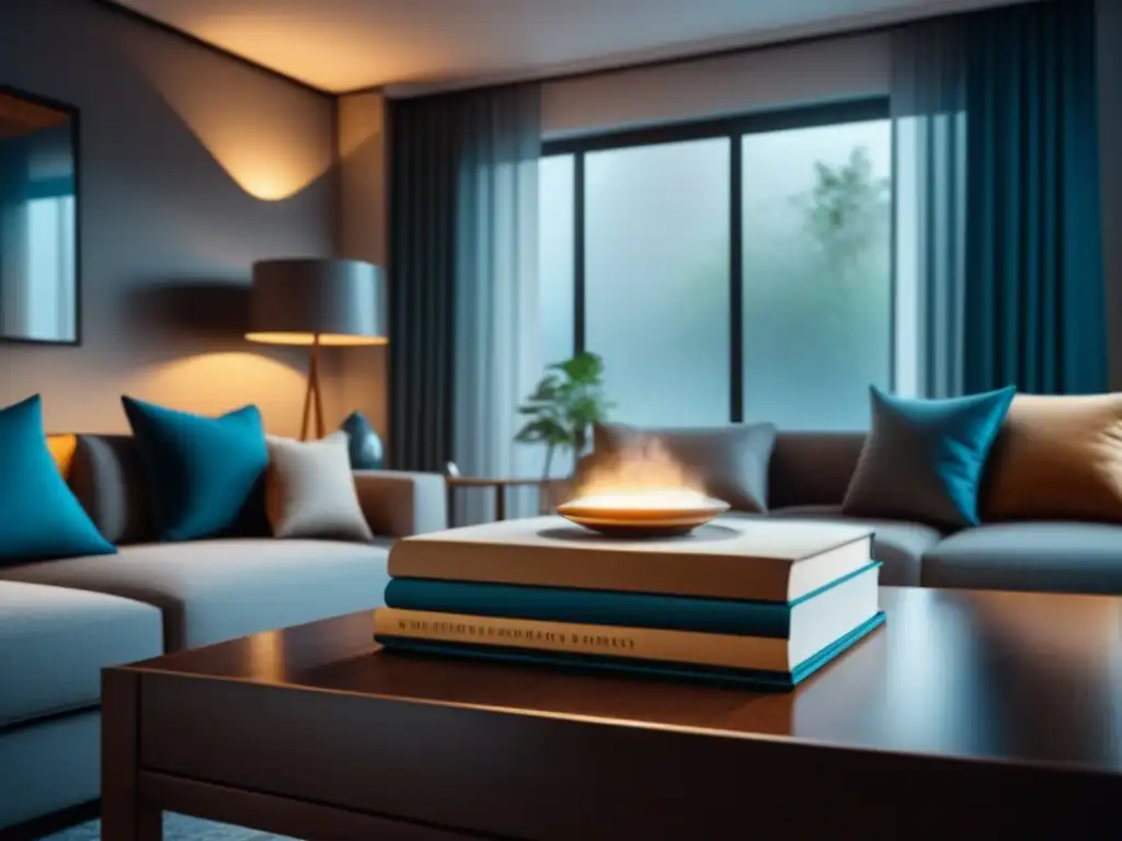 Serenidad en sala minimalista con tonos terrosos y ambiente relajante Un acogedor salón minimalista con incienso para diseño interior relajante