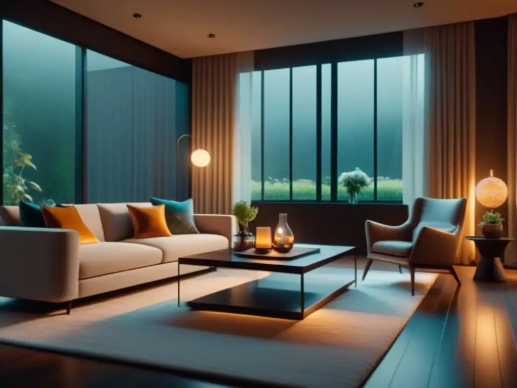 Salón minimalista acogedor con iluminación inteligente y vistas al jardín Acogedor salón minimalista con luces inteligentes para relax en casa y vista a jardín tranquilo