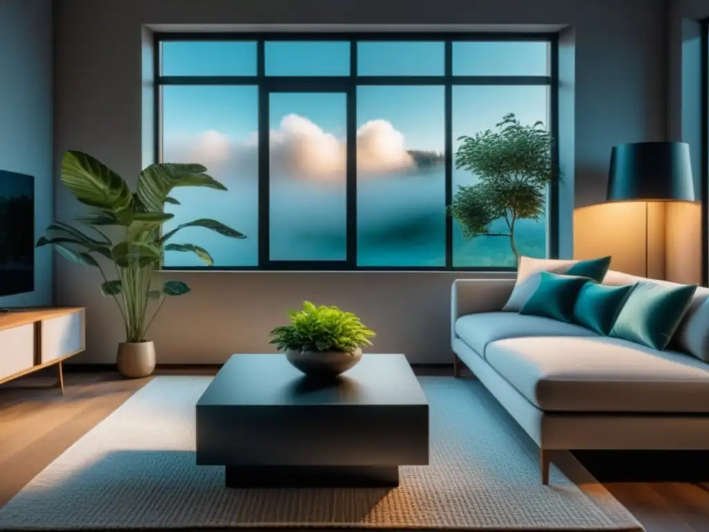 Salón minimalista sereno en apartamento pequeño Un acogedor salón minimalista en un pequeño apartamento, con un sofá elegante, mesa de centro contemporánea y planta, bañado por luz natural