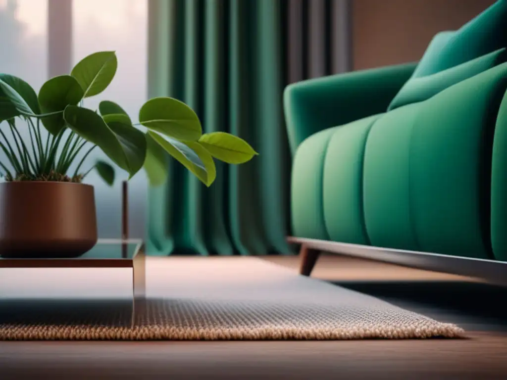 Salón minimalista y sereno con sofá cómodo y decoración natural Un acogedor salón minimalista que invita a la relajación en casa, con muebles cómodos y decoración serena