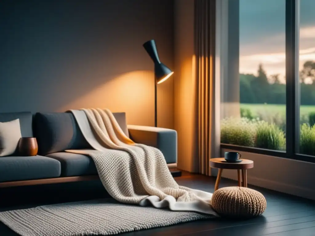Salón sereno y minimalista con detalles acogedores Acogedor salón minimalista con tonos neutros y detalles cálidos, ideal para crear un ambiente relajante