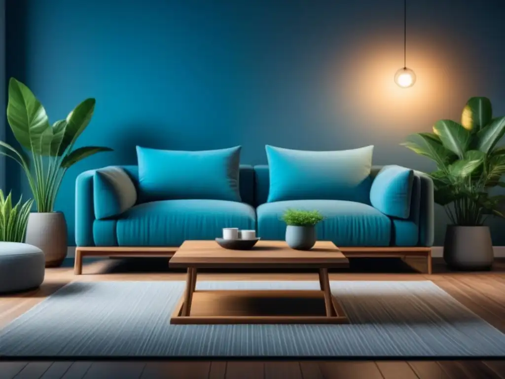 Serenidad en azul: Sala minimalista para relajarse Un acogedor salón minimalista en tonos azules, con un sofá gris y toques de plantas verdes