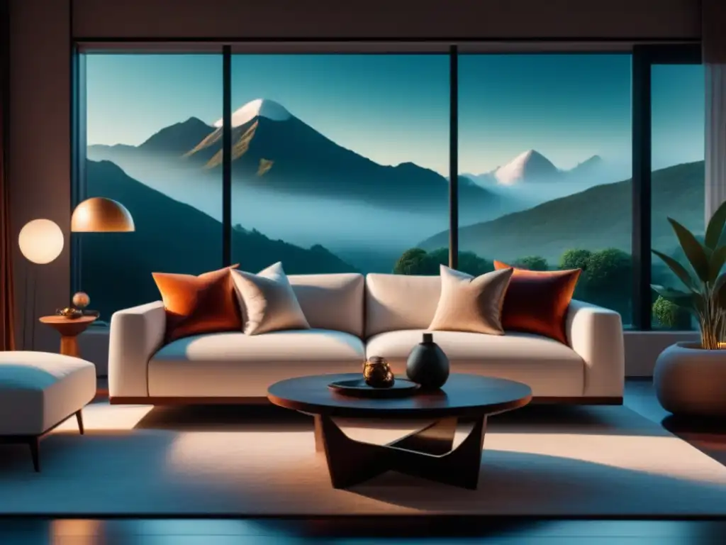 Sala de estar minimalista y serena con vista al jardín Un acogedor salón minimalista con tonos neutros, una alfombra texturizada, un sofá blanco y una vista relajante al jardín
