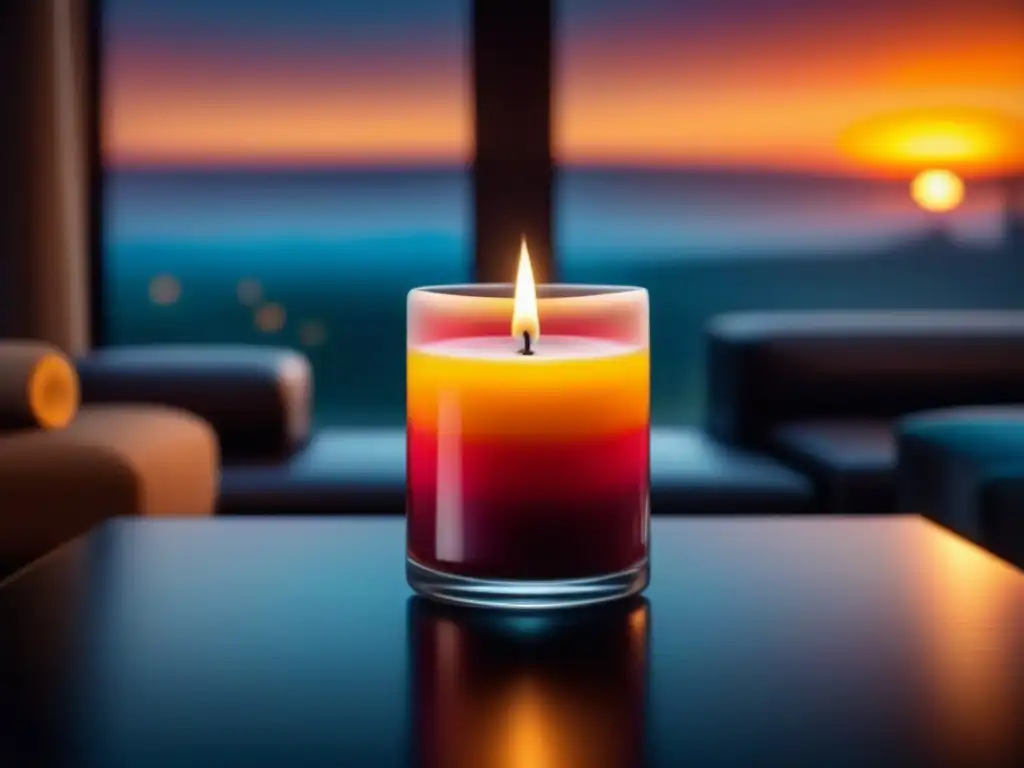 Salón moderno con vista al atardecer y vela cromoterapia Acogedor salón moderno con hermosa puesta de sol y vela cromoterapia