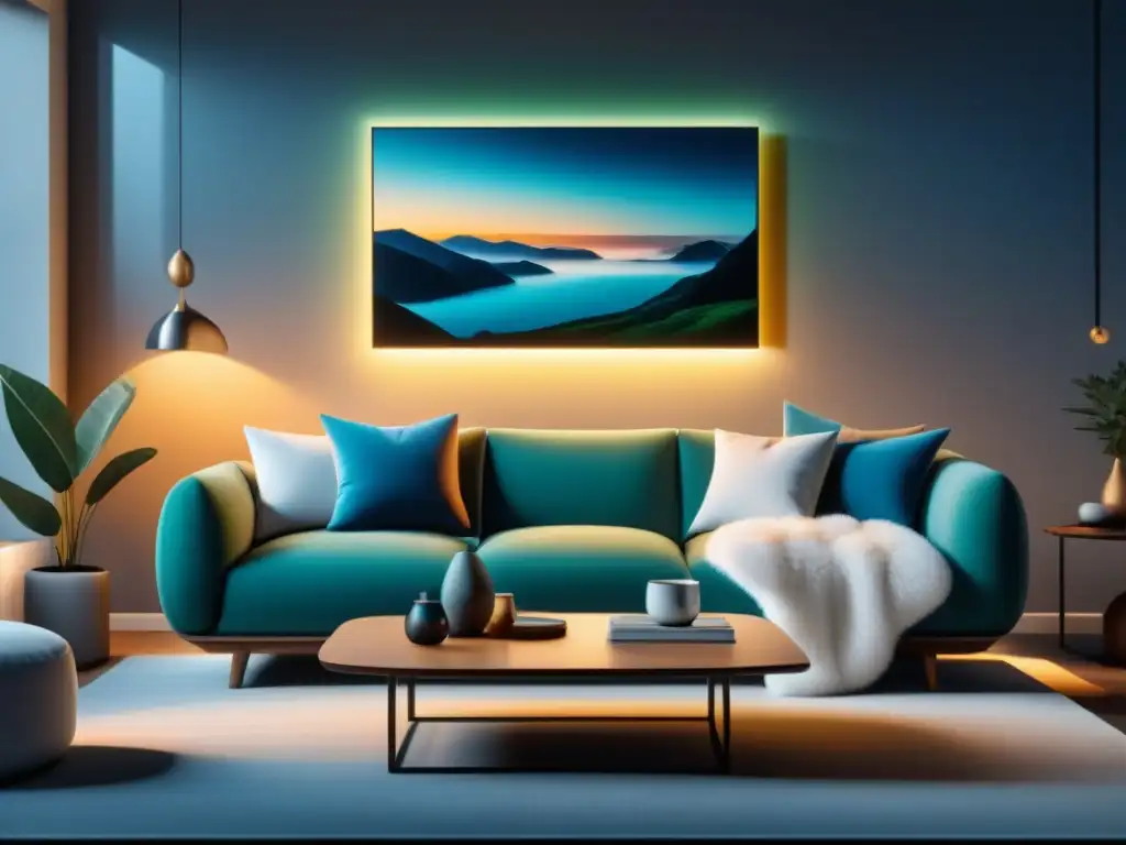 Salón moderno en tonos suaves y multicolores con iluminación inteligente Acogedor salón moderno con luces inteligentes hogar relajante en tonos multicolores suaves