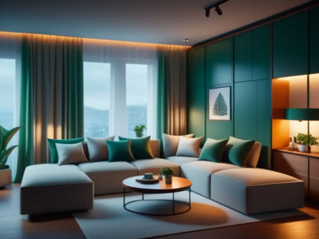 Salón moderno con sofá cama convertible en espacio acogedor Un acogedor salón moderno con muebles multifuncionales en espacios pequeños, ideal para relajarse