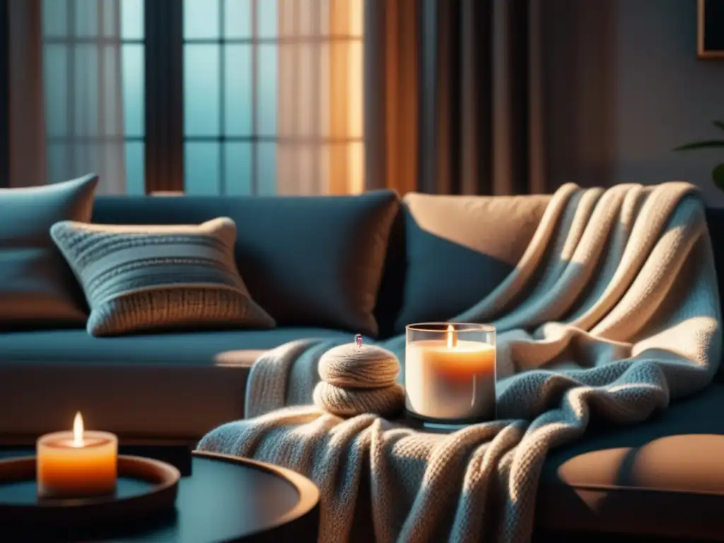 Acogedor salón moderno para relajarse en casa Un acogedor salón moderno con paleta de colores neutros, libros inspiradores y una vela perfumada