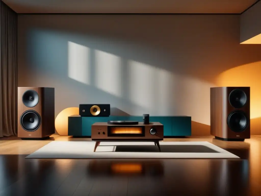 Acogedor salón moderno con sistema de sonido de alta fidelidad, iluminación ambiental cálida