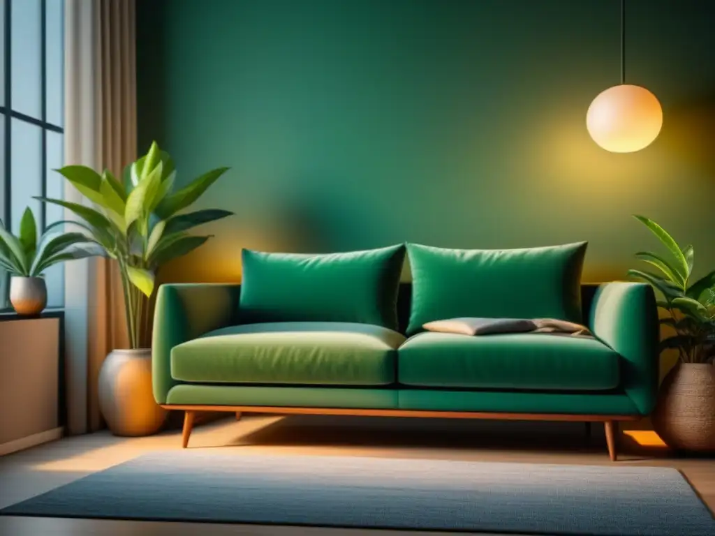 Acogedor salón minimalista con luz cálida y ambiente relajante Un acogedor salón moderno con iluminación cálida y sombras suaves, perfecto para relajarse
