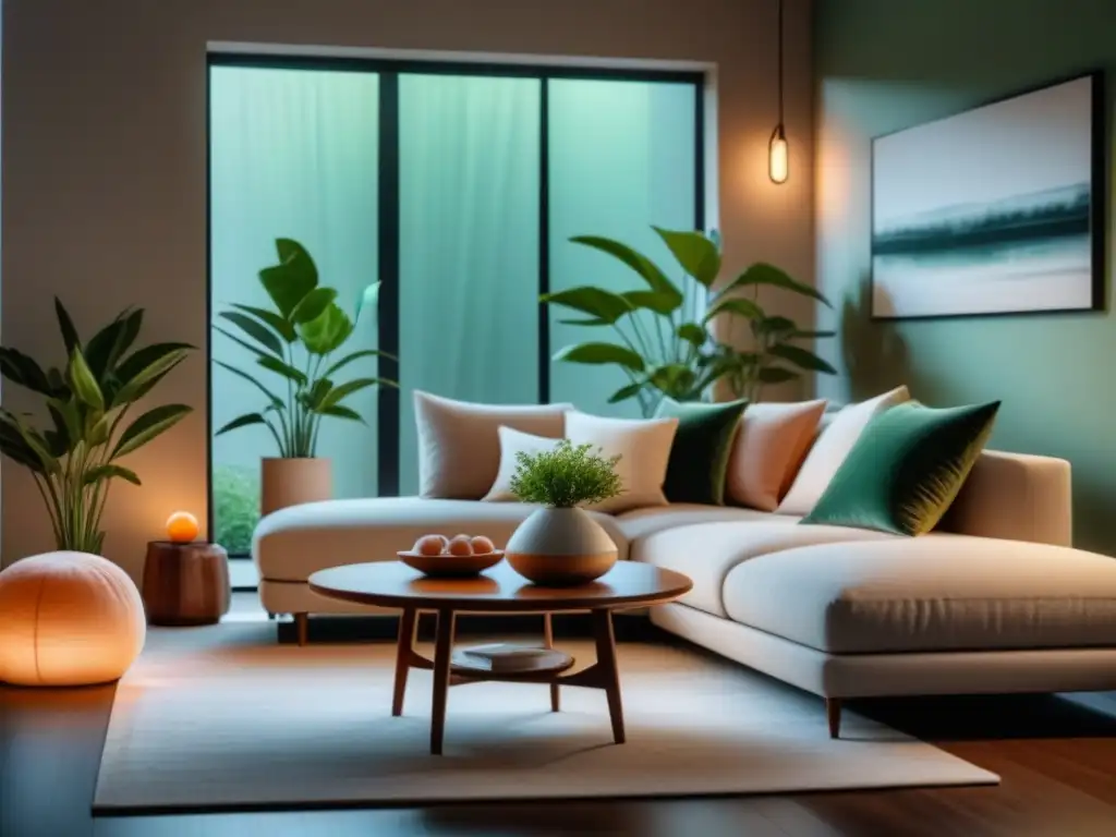 Acogedor salón minimalista con lámpara de sal y plantas verdes Un acogedor salón con paleta de colores neutros, cojines mullidos y lámpara de sal emitiendo luz cálida