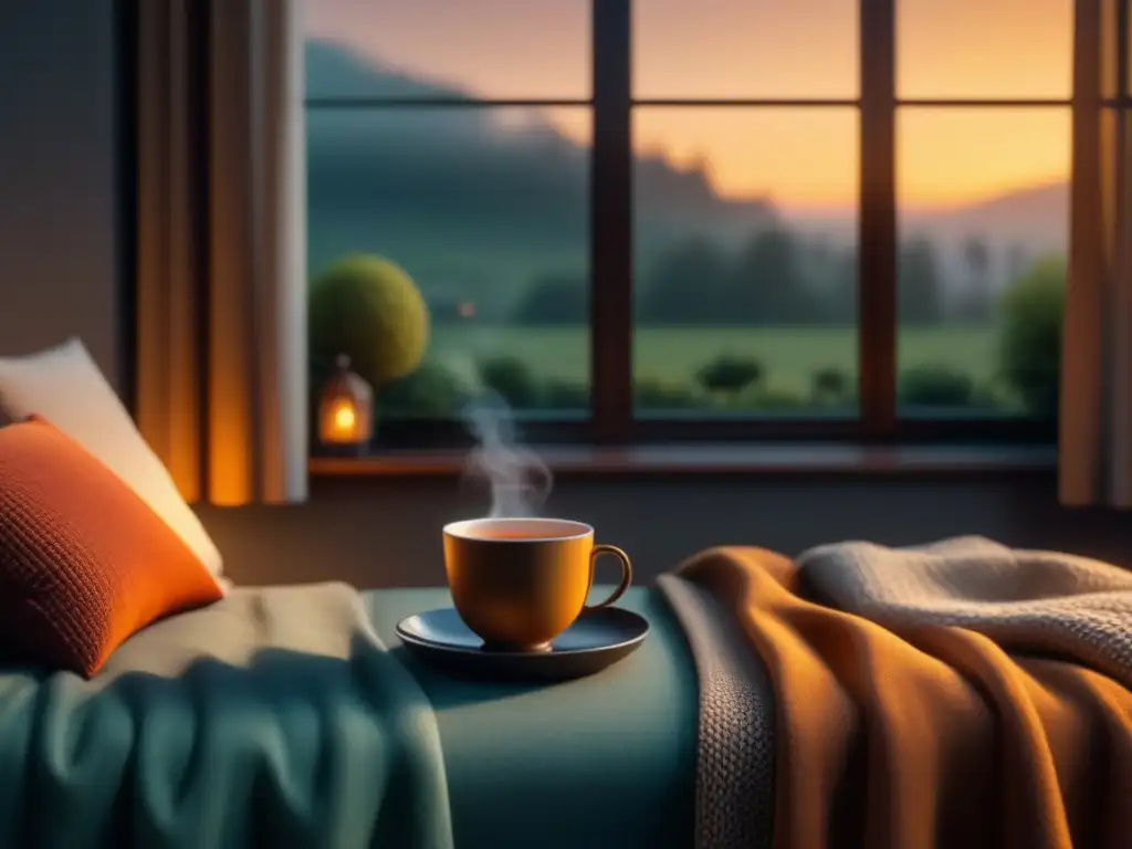 Acogedor salón con luz ambiental y vistas al jardín al atardecer Un acogedor salón con iluminación suave, un sofá mullido con cojines, una manta cálida, una mesa con una taza de té humeante y un libro