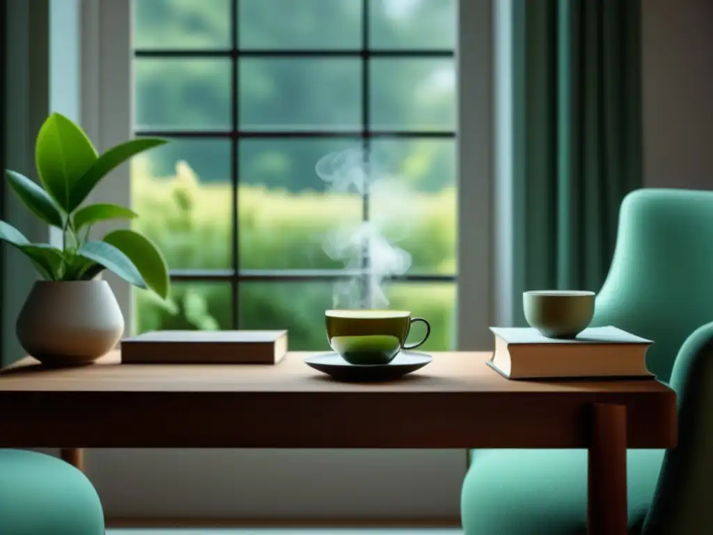 Acogedora sala de estar con té verde antioxidante Un acogedor salón con tonos suaves, una silla junto a la ventana, libros y una taza de té verde