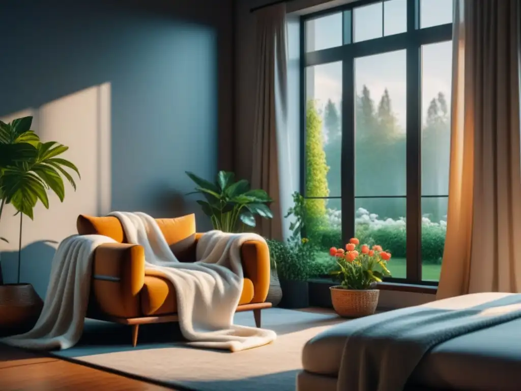 Salón acogedor con vista a jardín tranquilo Un acogedor salón con vistas a un jardín tranquilo, perfecto para visualización creativa en casa