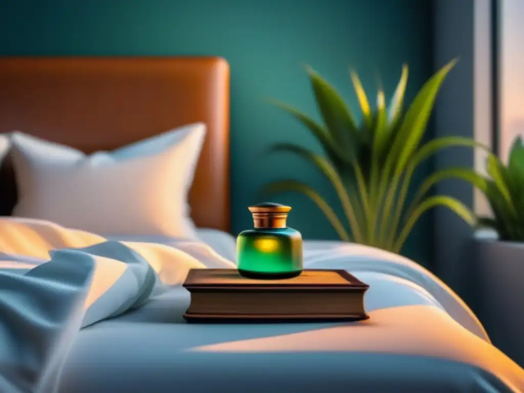 Acogedora habitación con cama blanca, plantas y difusor de aceites esenciales, ideal para descansar