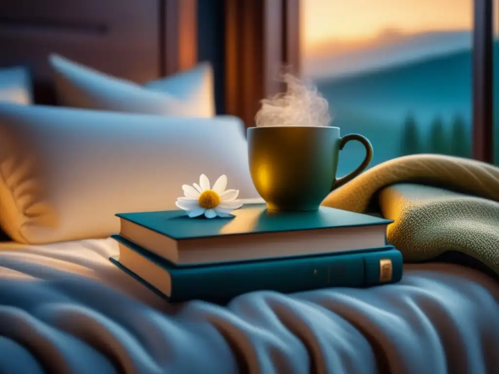 Acogedora habitación para dormir: cama mullida, té de manzanilla y libros Acogedora habitación con cama hecha, taza de té y libros, ideal para dormir mejor en casa
