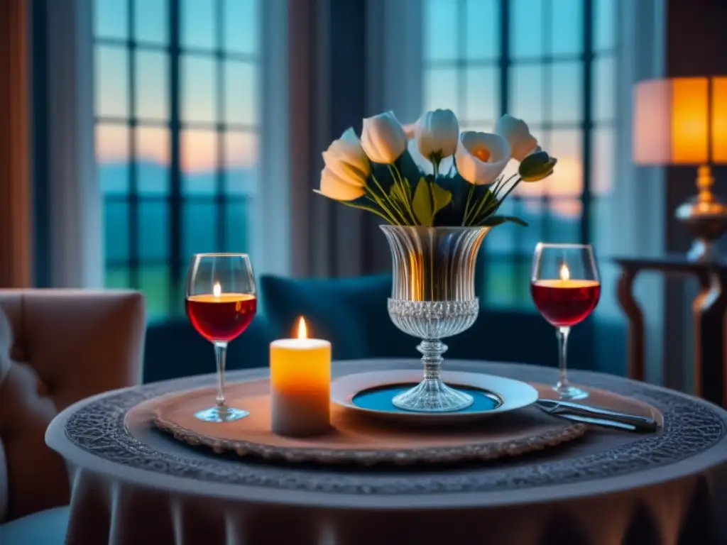 Ambiente acogedor: mesa para dos con velas y flores frescas Acogedora cena para dos en casa con vajilla blanca, cubiertos de plata, copas de vino, velas y flores frescas