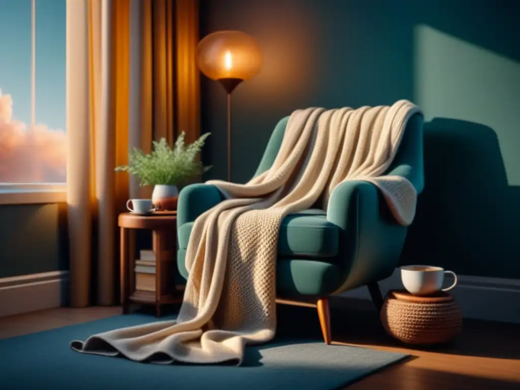 Rincón de relax: sillón, manta y té Acogedora escena de una habitación iluminada con una butaca, manta tejida, libros, té caliente y una atmósfera relajada