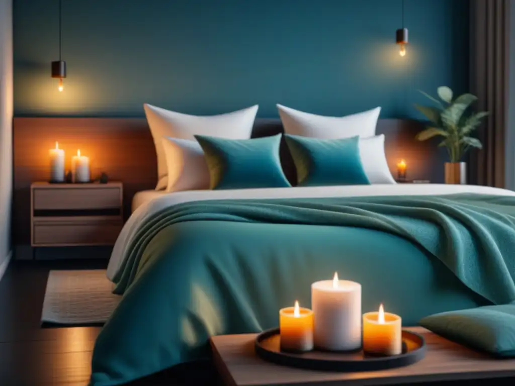 Acogedora habitación minimalista con cama y mantas suaves, velas aromáticas y colores relajantes